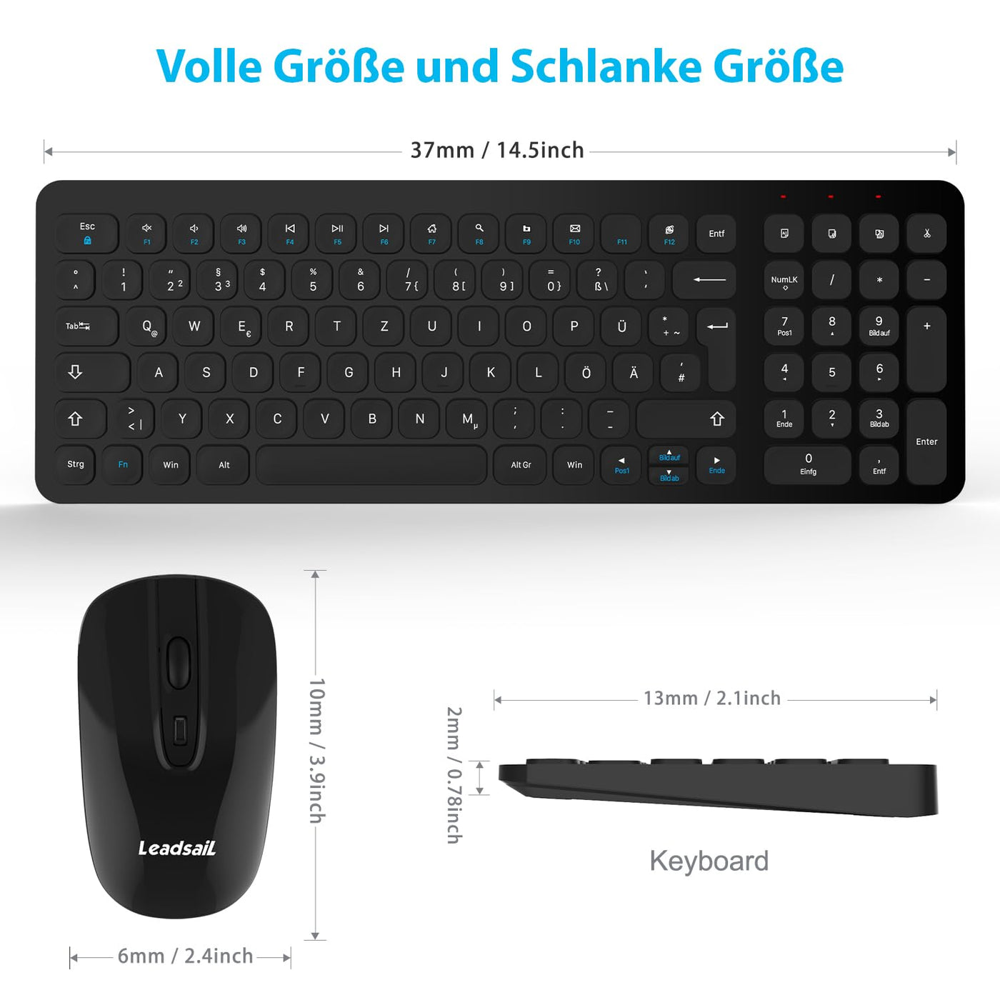 Kabellose Tastatur und Maus, LeadsaiL Tastatur Maus Set Kabellos, Flüsterleiser Tastenanschlag, 2.4 GHz QWERTZ Deutsches Layout mit 2-in-1 USB Nano Empfänger, für PC, Desktop, Laptop, Windows, Mac