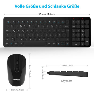 Kabellose Tastatur und Maus, LeadsaiL Tastatur Maus Set Kabellos, Flüsterleiser Tastenanschlag, 2.4 GHz QWERTZ Deutsches Layout mit 2-in-1 USB Nano Empfänger, für PC, Desktop, Laptop, Windows, Mac