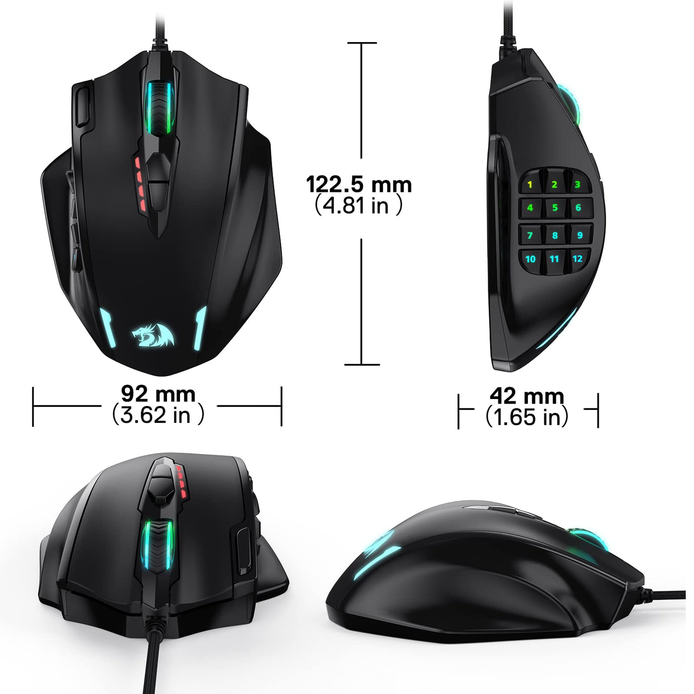 Redragon M908 Impact RGB LED MMO Maus mit Seitentasten, optische kabelgebundene Gaming-Maus mit 12.400DPI, hohe Präzision, 20 programmierbare Maustasten