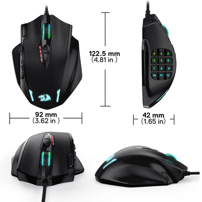 Redragon M908 Impact RGB LED MMO Maus mit Seitentasten, optische kabelgebundene Gaming-Maus mit 12.400DPI, hohe Präzision, 20 programmierbare Maustasten