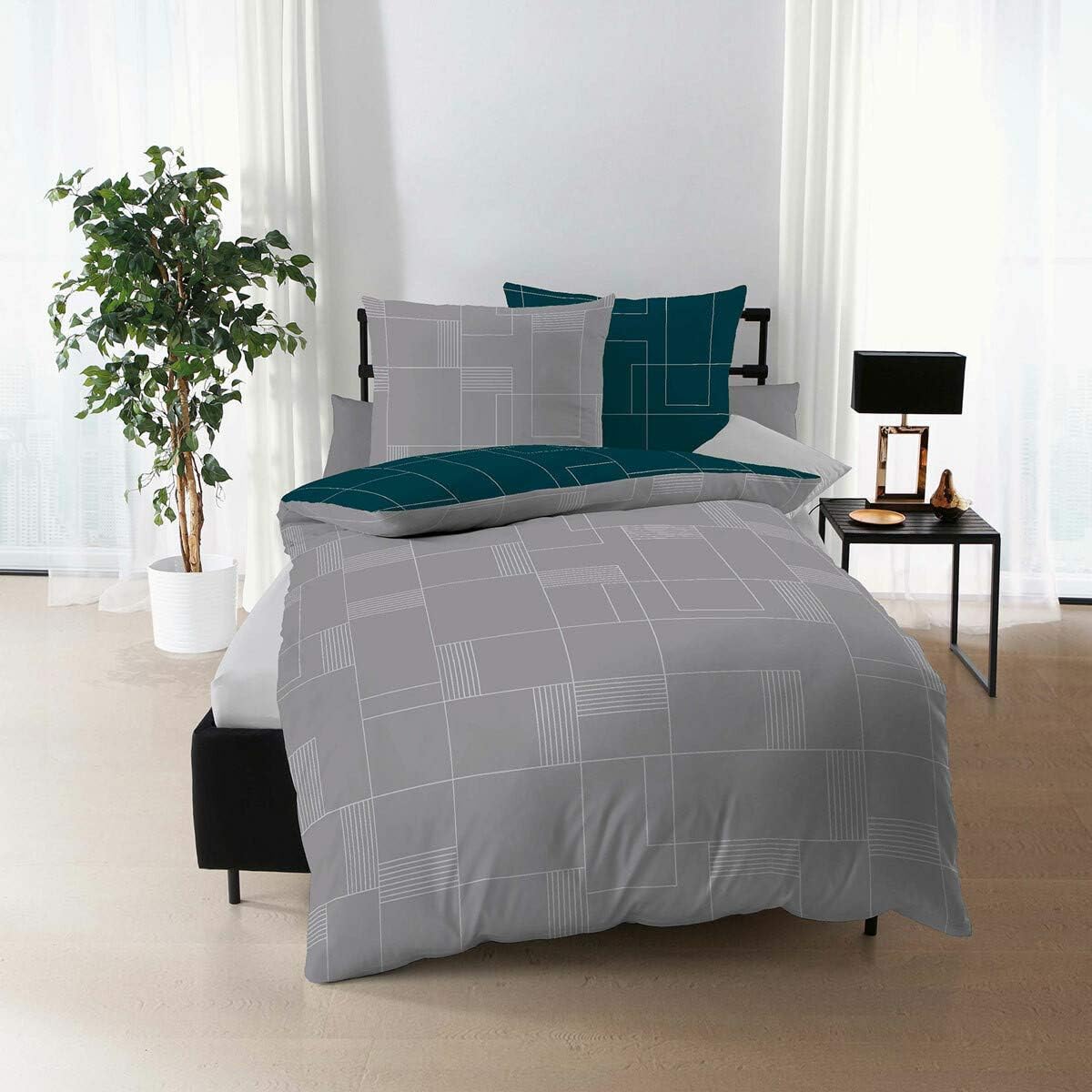 Traumschlaf Biber Bettwäsche Uptown smaragd, 1 Bettbezug 155 x 220 cm + 1 Kissenbezug 80 x 80 cm