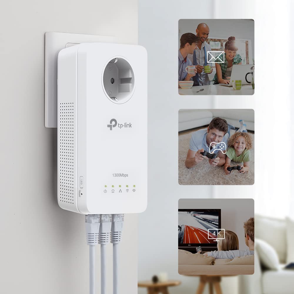 TP-Link WLAN Powerline Adapter Set TL-WPA8631P KIT(Dualband 1200Mbit/s, AV1300 , Steckdose, Wifi Clone, MU-MIMO, 4 Gigabit Ports, Plug&Play, ideal für HD-Streaming, App Kontrolle)weiß