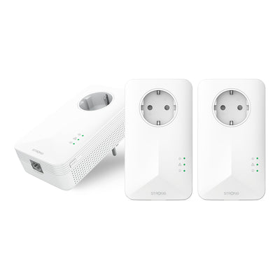 STRONG - Powerline 1000 Triple EU Set - 3 Powerline-Adapter - 1000 Mbps, Fast-Internetzugang - integrierte Steckdose - 300 m Reichweite - Für alle Router - LAN-Anschluss -Easy-Installation - weiß