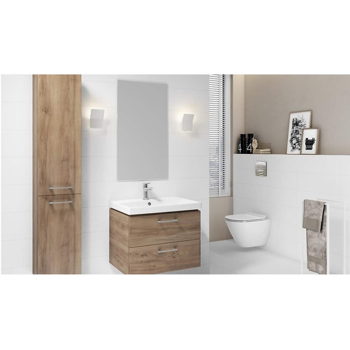 VBChome Waschtischunterschrank 60 cm Waschbecken mit Unterschrank 2 Schubladen Nussbaum Badmöbel weiß Hochglanz Badezimmermöbel hängend