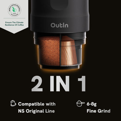 Outin Nano tragbare elektrische Espressomaschine, Camping-Kaffeemaschine, Selbsterhitzung mit USB-C, kompatibel mit gemahlenem Kaffee & NS-Kapsel