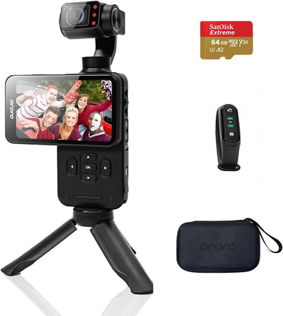 ORDRO M5 Kreativ Combo, vlog kamera mit 3.5" Flip Bildschirm 120° Sichtfeld, 3-Achsen-Stabilisierung, Gesichtsverfolgung, Zeitraffer, Slow Motion, IR Nachtsicht Videokamera für Reisen