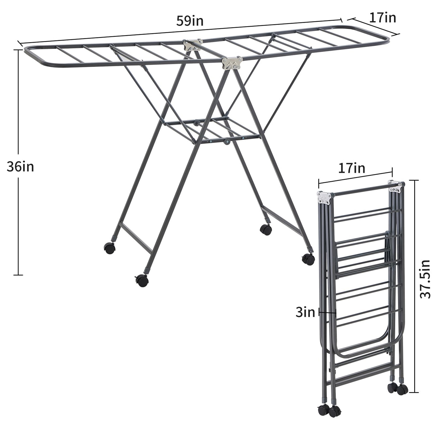 Kaixin Rabbit Zusammenklappbarer Wäscheständer，Und Habe 18 stangen，Räder können festgestellt Werden，Wäscheständer aus Metall，Rostschutzbehandlung，Kann drinnen und draußen verwendet Werden