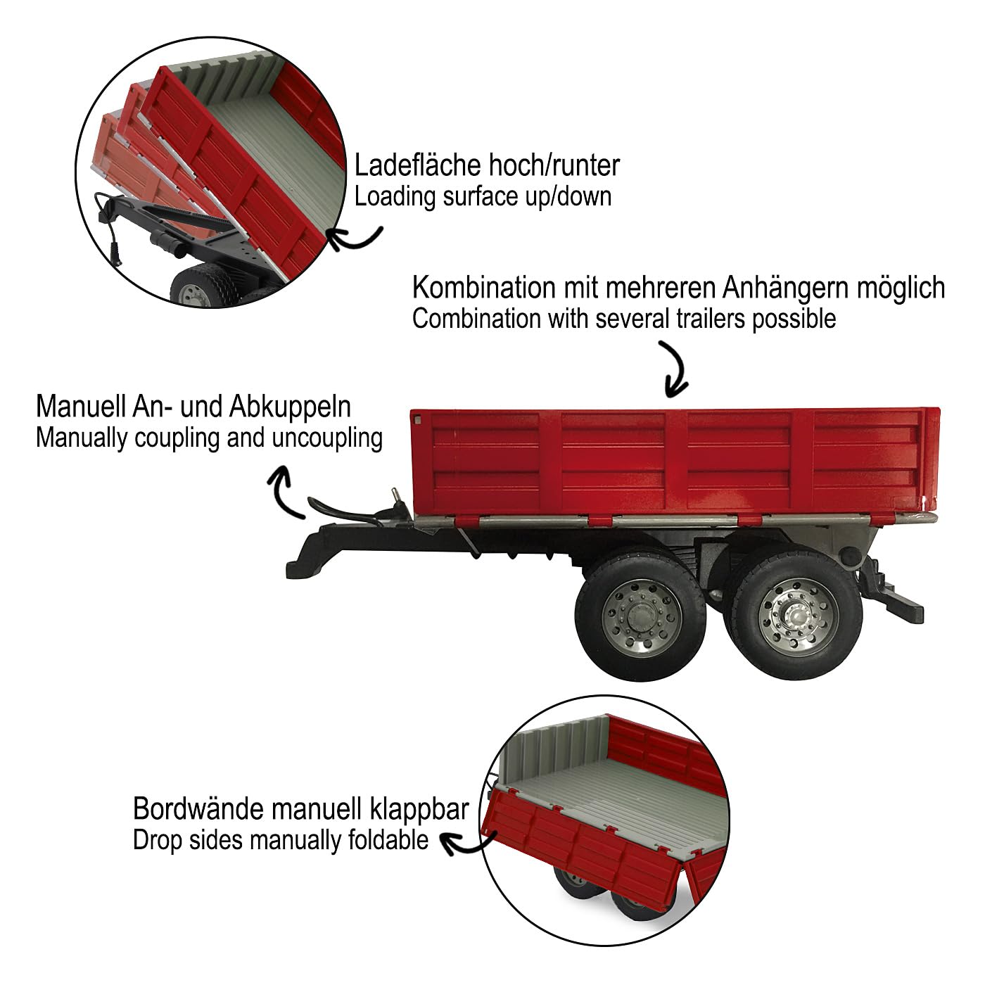 JAMARA 413108 - Kipper für RC-Traktor 1:16 - ferngesteuerte Kippmulde hoch/runter, Anhängerkupplung vorne, Klappbare Bordwände, Rot