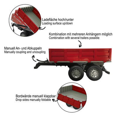 JAMARA 413108 - Kipper für RC-Traktor 1:16 - ferngesteuerte Kippmulde hoch/runter, Anhängerkupplung vorne, Klappbare Bordwände, Rot