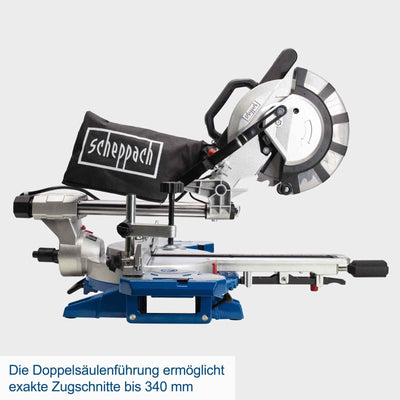 Scheppach HM216SPX Kapp-Zug-Gehrungssäge Kappsäge 2000 W, inkl. 2. Ø 210 mm Sägeblatt | 65 mm Schnitthöhe | 34 cm Schnittbreite| mit Laser, Aluauflagen, Drehtisch mit Schnellarretierung