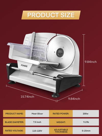 FOHERE Allesschneider Elektrischer, Brotschneidemaschine mit einstellbare Schnittstärke(0-15mm), 200W Wurstschneidemaschine, 2 * 19cm Edelstahl-Rundmesser, Schinkenschneider, Sicherheitsschutz