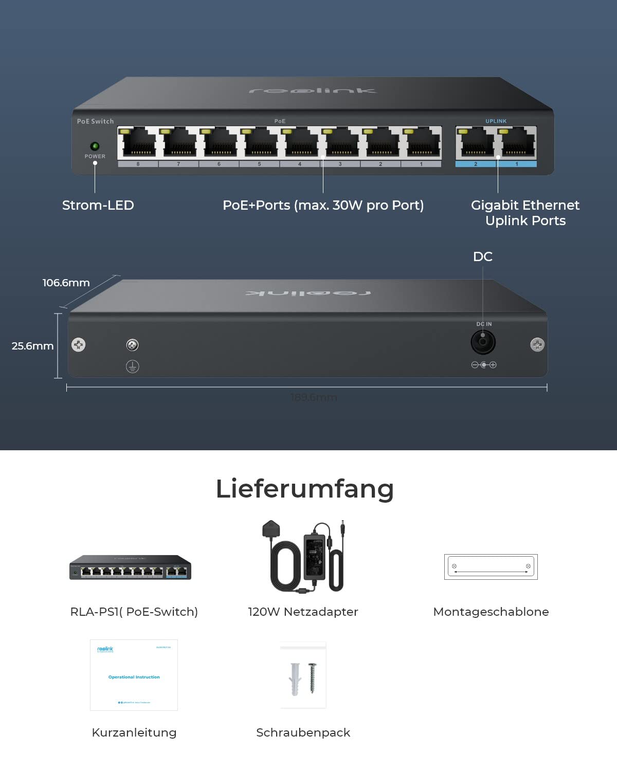 Reolink 8 Ports PoE-Switch, mit 2 Gigabit-Uplink-Ports, bis zu 120W Gesamtleistung für alle PoE-Ports, Netzwerk Switch ideal für Reolink NVR und PoE-IP-Kameras, IEEE802.3af/at, Unmanaged, RLA-PS1