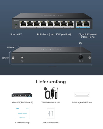 Reolink 8 Ports PoE-Switch, mit 2 Gigabit-Uplink-Ports, bis zu 120W Gesamtleistung für alle PoE-Ports, Netzwerk Switch ideal für Reolink NVR und PoE-IP-Kameras, IEEE802.3af/at, Unmanaged, RLA-PS1