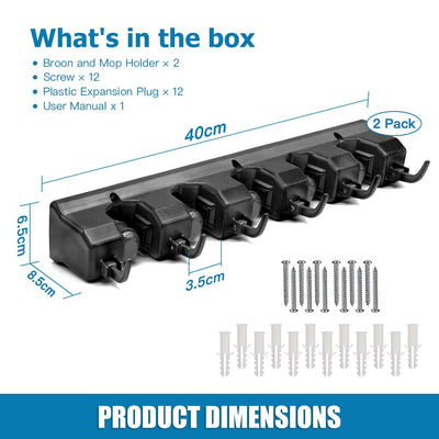 ibell 2 Stück Besenhalterung Wand, Gerätehalter Wandhalterung mit 10 Halter und 12 Haken, Besenhalter Werkzeughalter Gartengerätehalter Organizer für Zuhause Küche Badezimmer Garage Garten