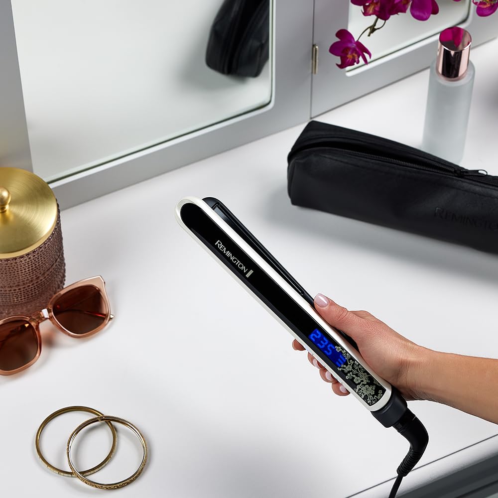 Remington Glätteisen [Testsieger] Pearl (hochwertige Keramikbeschichtung mit echten Perlen für eine gleichmäßige Wärmeverteilung) LCD-Display, 150-235°C, inkl. Aufbewahrungstasche, Haarglätter S9501