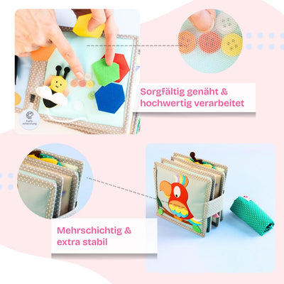 Jolly Designs – Mini Quiet Book Schillernder Papagei – Montessori Spielzeug ab 6 Monaten – Motorik & Sensorik fördern – Busy Book aus Filz – Handgefertigtes Filzbuch – Perfekt für unterwegs