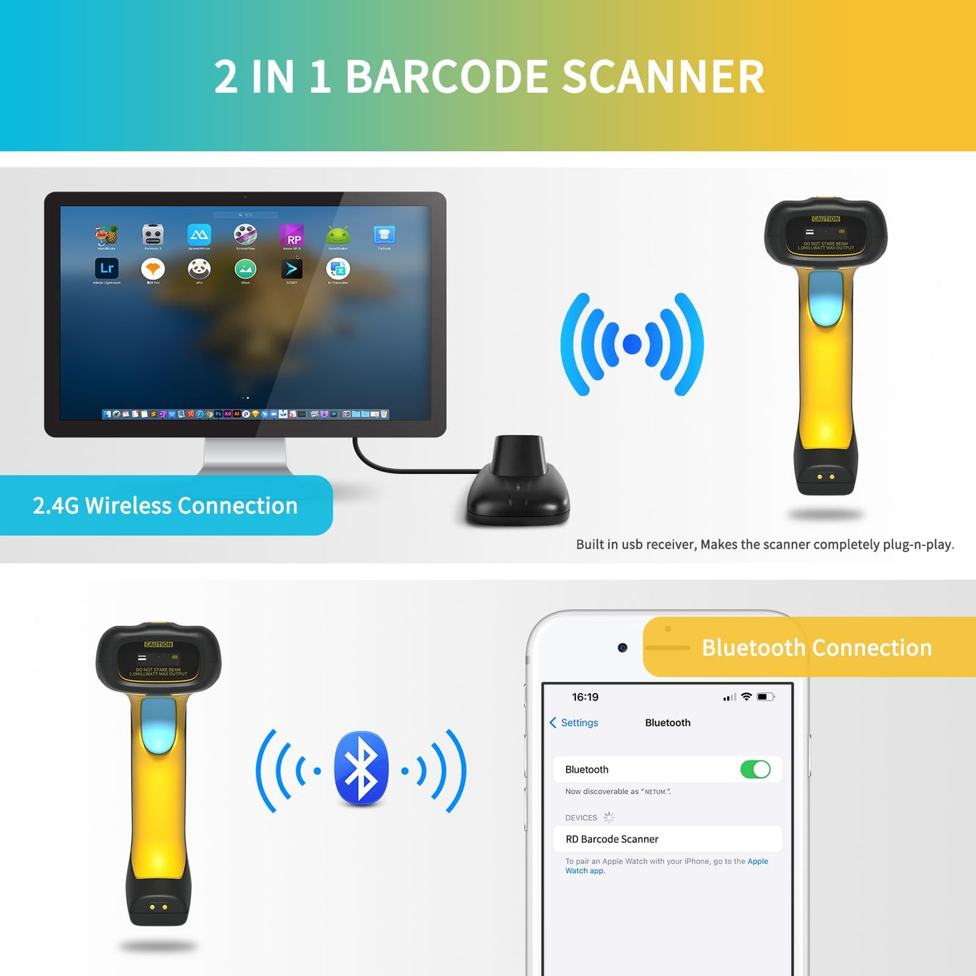 NETUM Verbesserter QR Industrie Bluetooth Barcode Scanner mit Ladestation, kabelloser 2D-1D-Barcode-Leser, Fallschutz, stoßfest, staubdicht, Freisprecheinrichtung für Windows Mac Android iOS (NT-1200)
