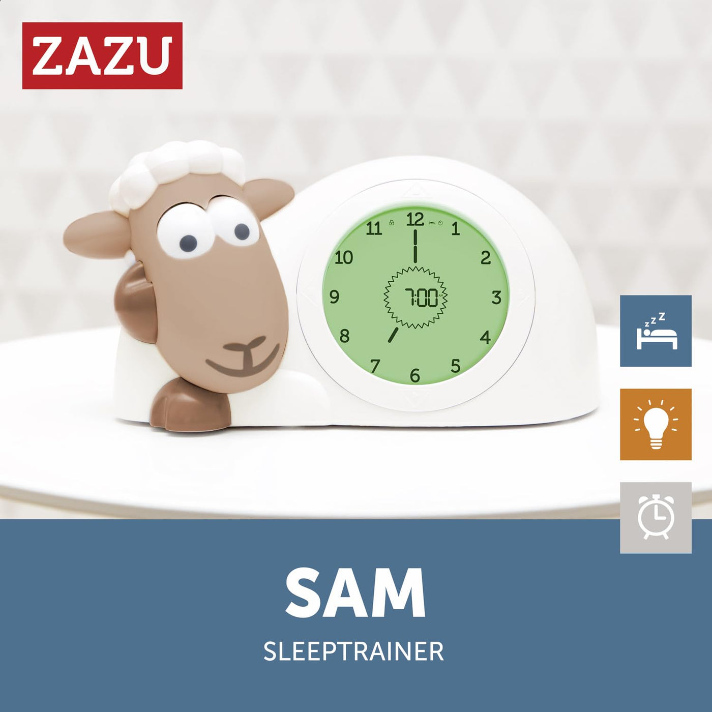 Zazu Sam The Lamb Uhr – Schlafcoach Uhr und Nachtlicht für Kinder | Bringt Ihrem Kind mit visuellen Indikatoren bei, wann es aufwachen soll | Einstellbare Helligkeit | Automatische Abschaltung (Braun)