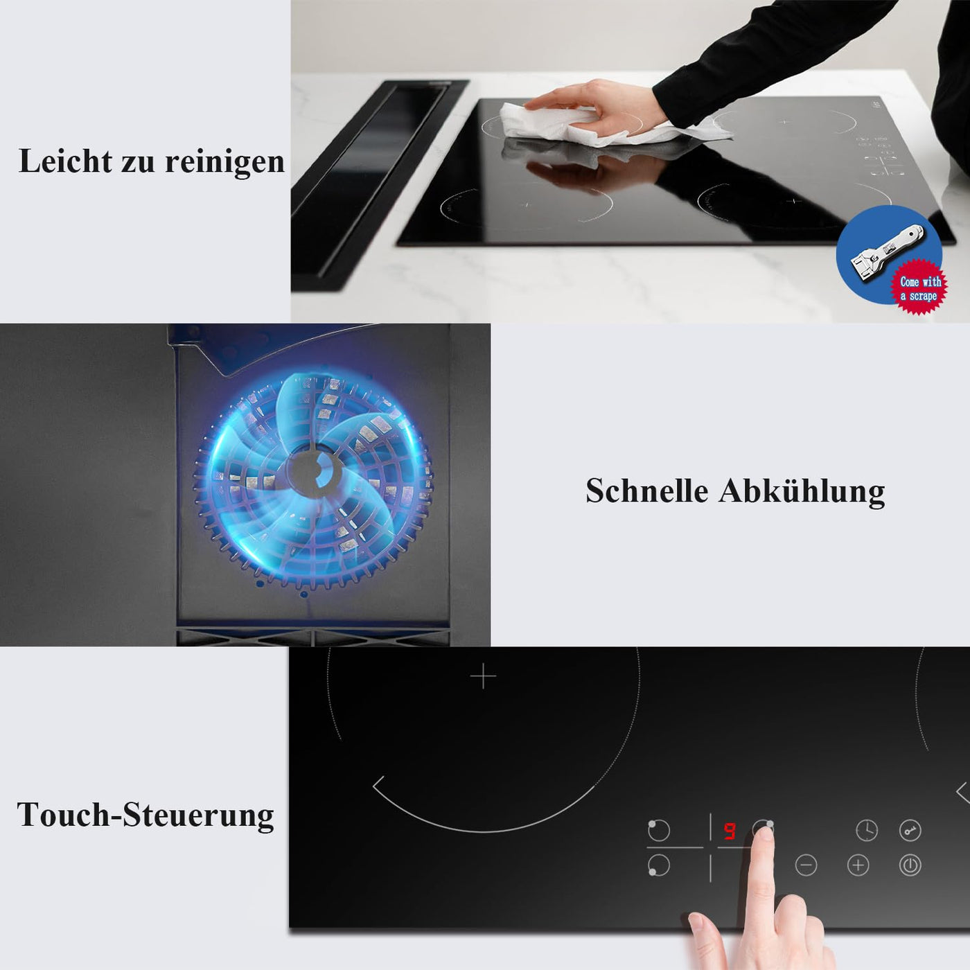 Induktionskochfeld mit Stecker 4 Zonen Einbau Kochfeld Induktion 60cm Induktionsplatte, 3500W, Touch-Bedienung, 9 Leistungsstufen, Kindersicherung, Timer