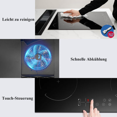 Induktionskochfeld mit Stecker 4 Zonen Einbau Kochfeld Induktion 60cm Induktionsplatte, 3500W, Touch-Bedienung, 9 Leistungsstufen, Kindersicherung, Timer
