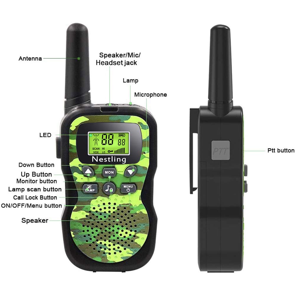 Nestling Walkie Talkie 3 Stück, Verbesserte Version Camouflage 8 Kanäle, 2-Wege-Radio-Spielzeug mit Hintergrundbeleuchtung LCD-Taschenlampe, 3 KM Reichweite für Kinder, Indoor-Outdoor-Aktivität