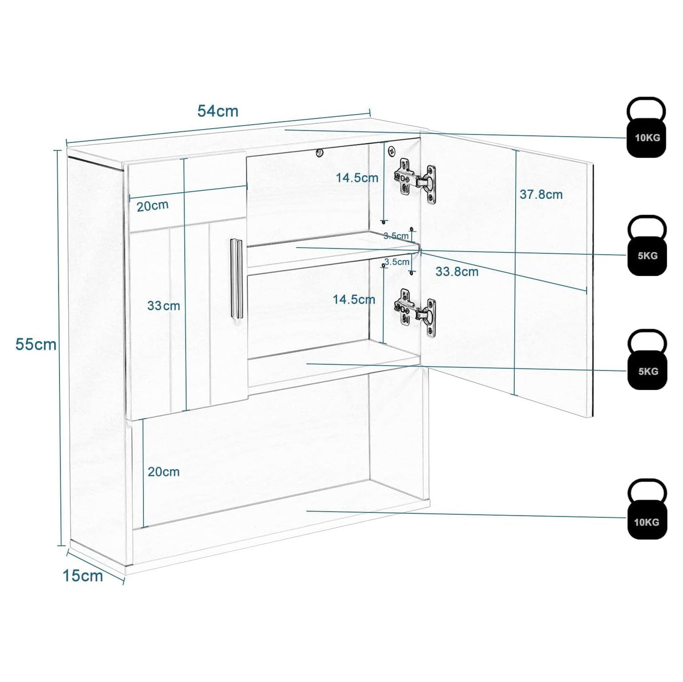 EUGAD Badezimmerschrank mit Spiegel, Spiegelschrank mit Tür Metallscharnieren, Schrank mit 5 Fächern 2 verstellbaren Trennwänden, Hängeschrank aus E1-MDF, Weiß, 54x55x15 cm