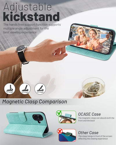 OCASE iPhone 16 Plus Hülle Handyhülle Premium PU Leder, Kartenfach Standfunktion, RFID Grhutzhülle Klapphülle Handytasche Lederhülle Kompatibel für iPhone 16 Plus (6,7 Zoll) Denim Grüne