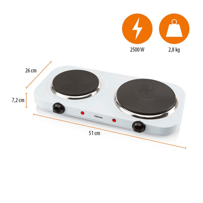 Tristar KP-6245 Doppel-Kochplatte, 15,5 und 18,5 cm ø, einzeln regelbare 5 Heizstufen, 2500 Watt Leistung, Weiß