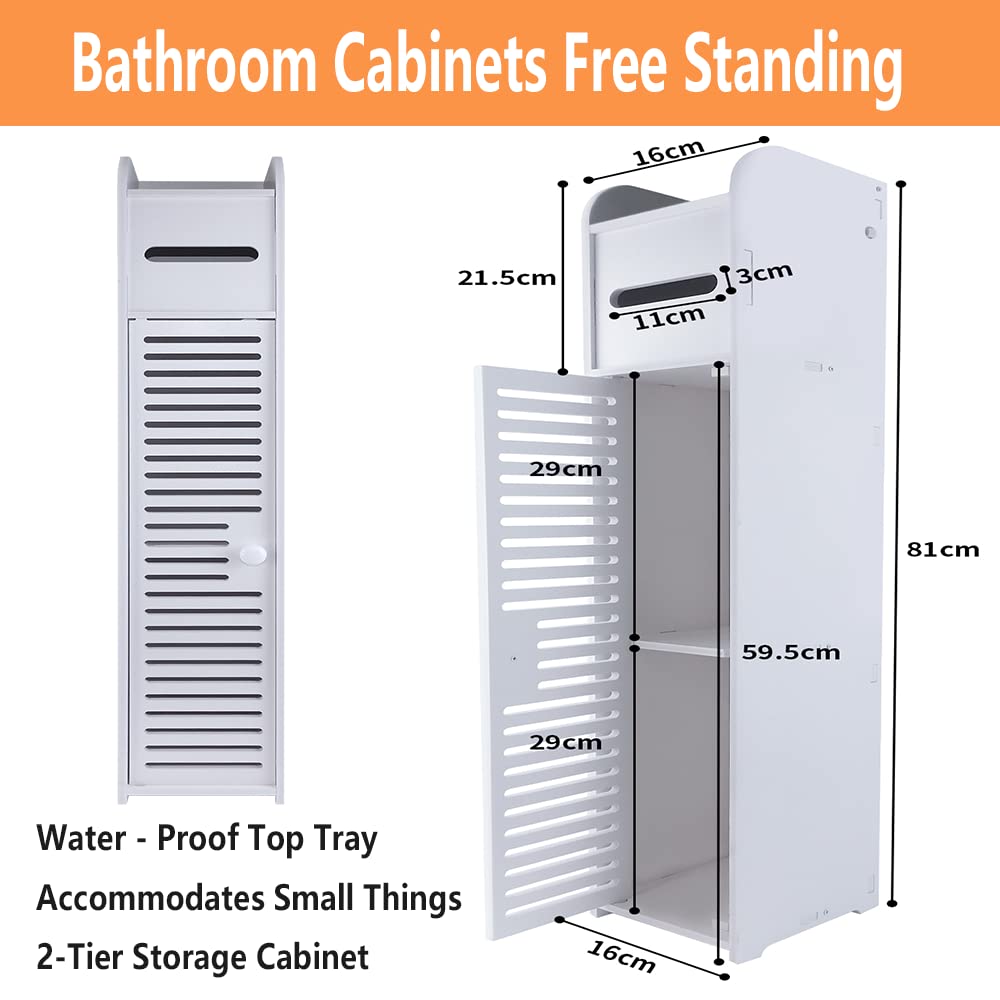 Toilettenschrank mit Toilettenpapierhalter, Badezimmerschrank Bad Hochschrank Badschrank Schmal, 81cm Freistehender Badezimmerschrank mit Ablagefach, 2 Fächer & Schublade, L16CM x W17CM x H81CM