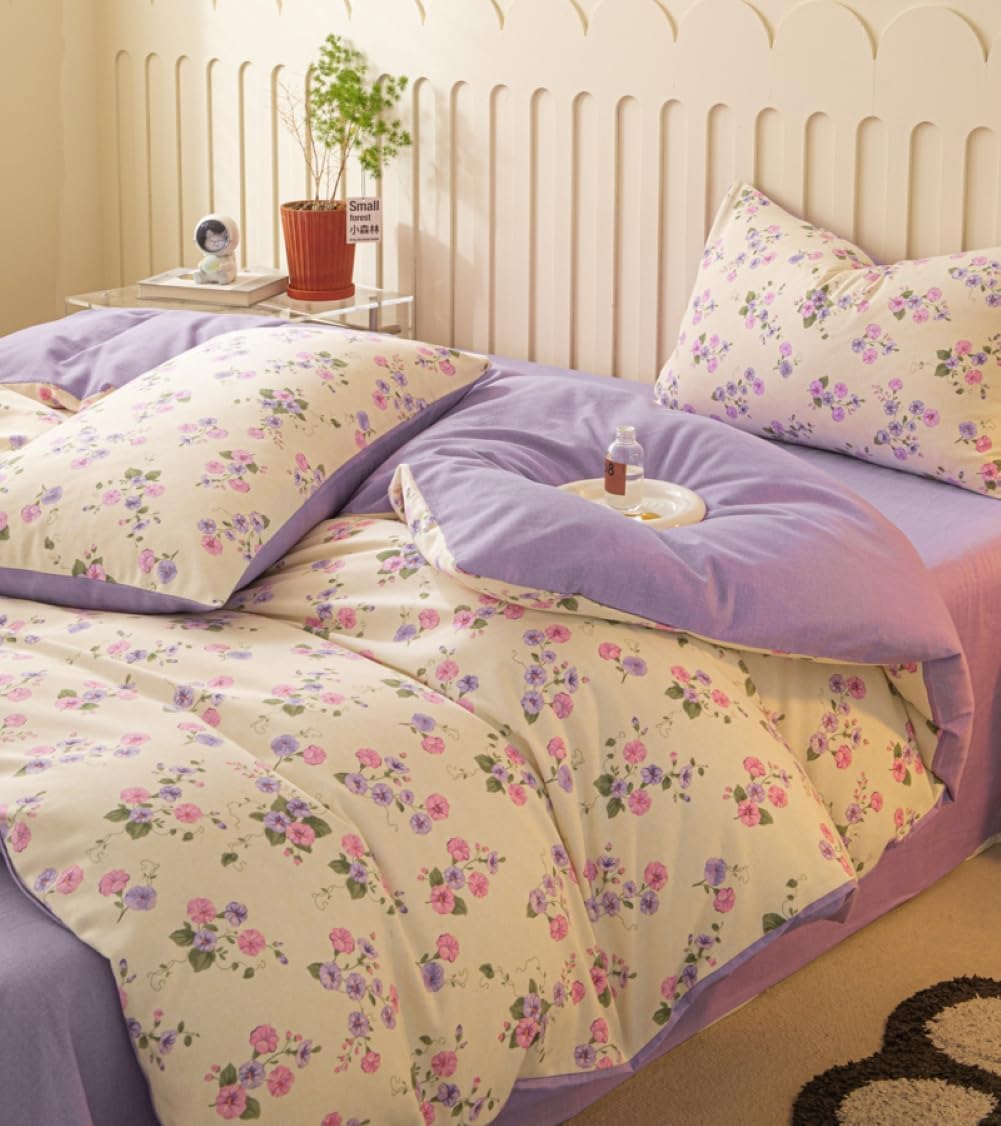 Nayoroom Bettwäsche 140x200 Lila Beige Violett Blumen Blümchen Floral Wende Bettwäsche Set Microfaser 2teilig, Aesthetic Mädchen Geblümt Bettbezug und 1 Kissenbezug 70x90 cm mit Reißverschluss