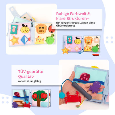 Jolly Designs – Mini Quiet Book Sonnenschein – Montessori Spielzeug ab 18 Monaten – Motorik & Kreativität fördern – Busy Book aus Filz – Handgefertigtes Filzbuch – Perfekt für unterwegs & Reisen