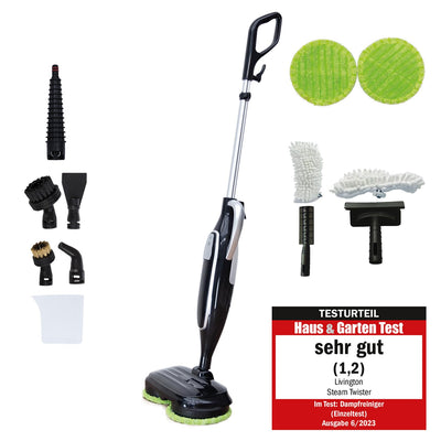Livington Steam Twister schwarz - Mega Spar Set - rotierender Dampfreiniger inkl. Reinigungsaufsätze & Ersatzpads - Dampfbesen & Handdampfreiniger - elektrischer Bodenwischer - Mop