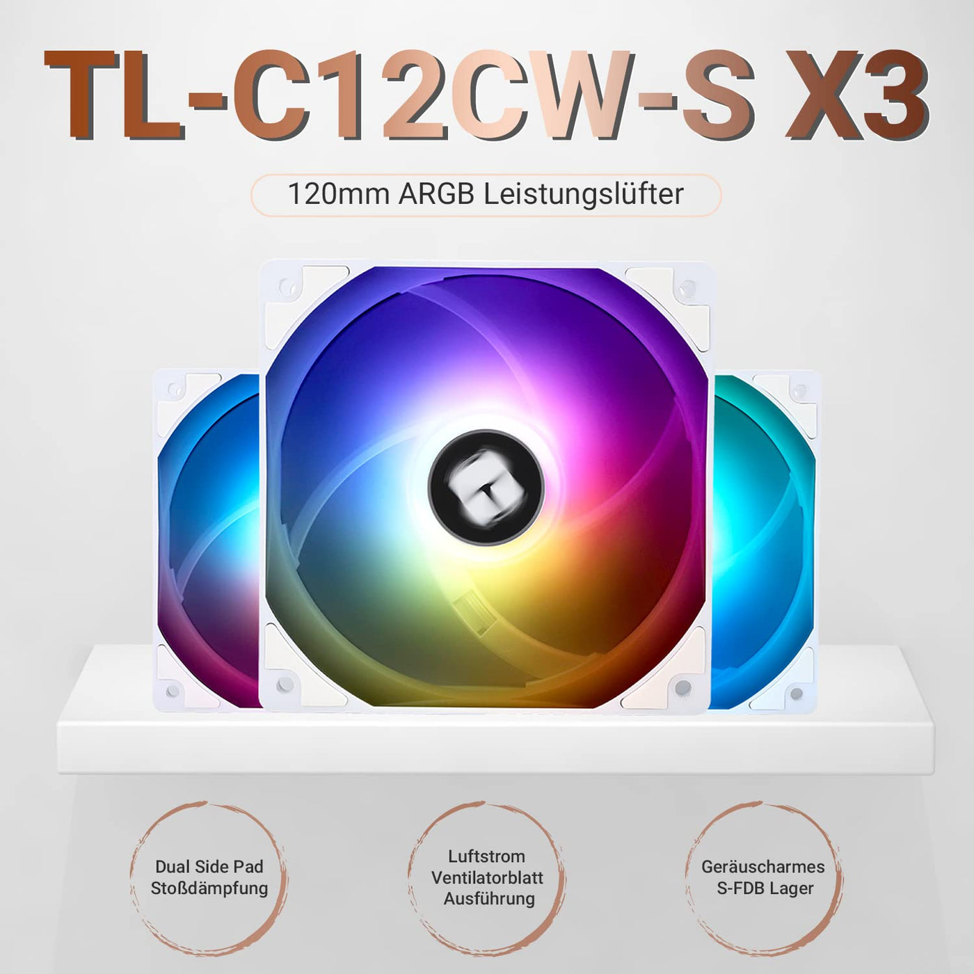 Thermalright TL-C12CW-S X3 CPU-Lüfter 120mm Weiß ARGB Gehäuselüfter, 4pin PWM Silent Computer Lüfter mit S-FDB Lager enthalten, bis zu 1550RPM Lüfter（3 Stück）