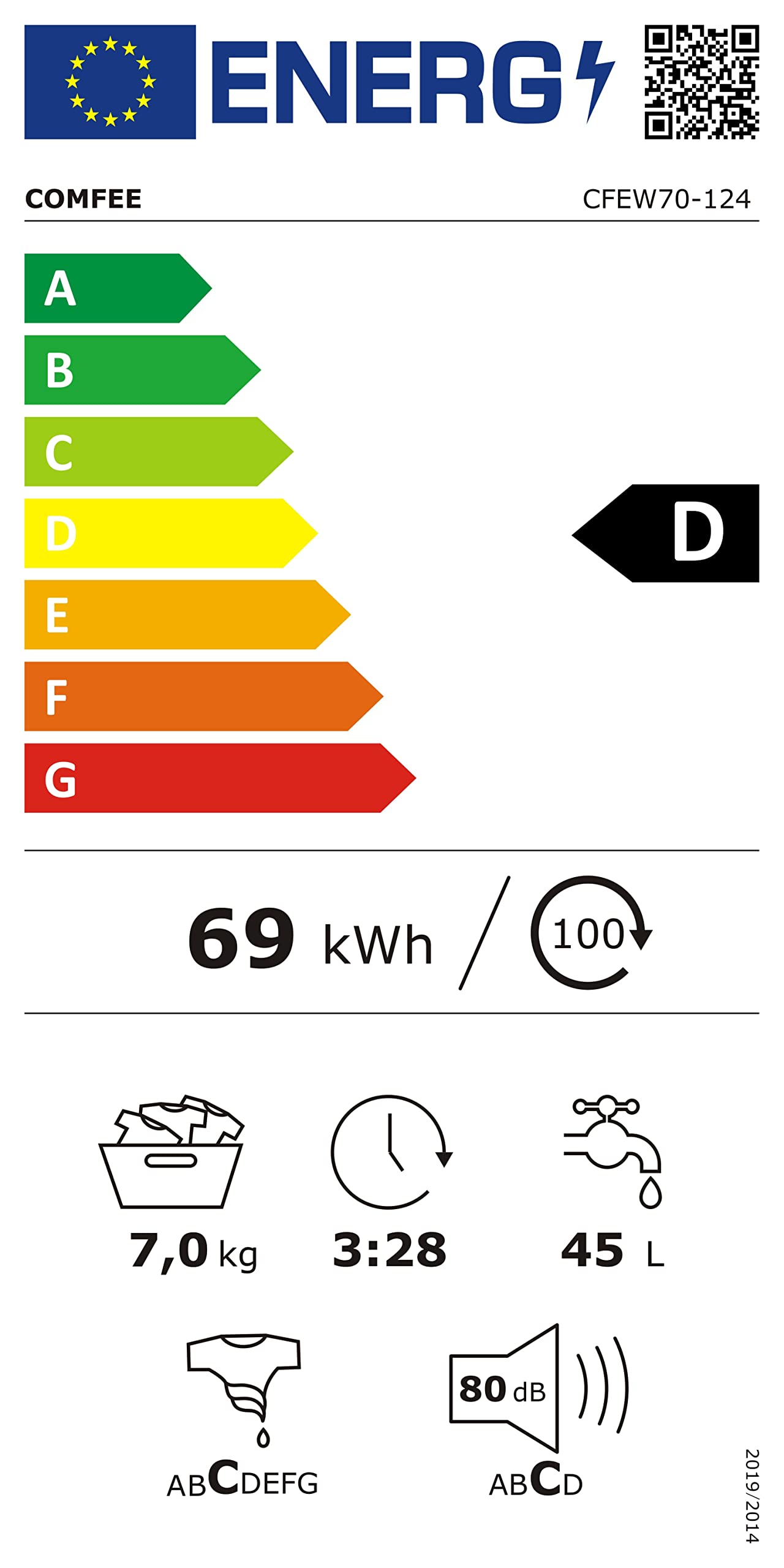 Comfee CFEW70-124 Waschmaschine / 7KG / Slim Line / D / 1200 U/min / Trommelreinigung / 15min-30min-45min Schnellwaschgang