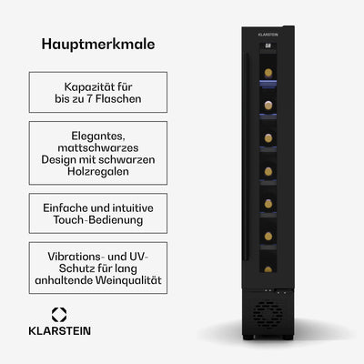Klarstein Vinovilla 7 Uno Weinkühlschrank Einbau - 7 Flaschen, 1 Zone, 5-18 °C, LED-Beleuchtung, Leiser Betrieb, Mattschwarz, Schmaler Weinkühlschrank
