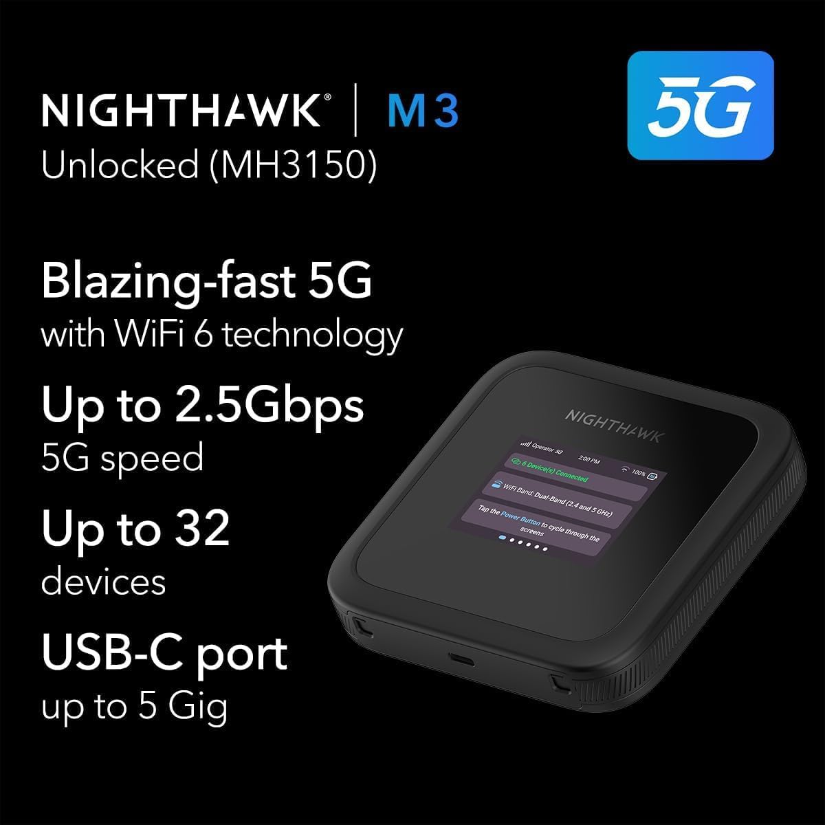 NETGEAR Nighthawk M3 – 5G Router SIM Karte, Mobiler WLAN Router | bis zu 2,5 GBit/s – SIM-Steckplatz entsperrt – Tragbarer WLAN-Hotspot z– 5G- und 4G-MiFi, bis zu 32 Geräte (MH3150)