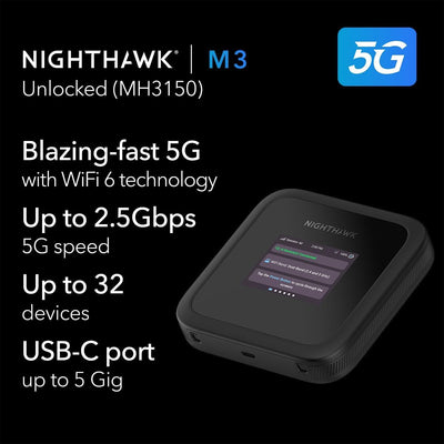 NETGEAR Nighthawk M3 – 5G Router SIM Karte, Mobiler WLAN Router | bis zu 2,5 GBit/s – SIM-Steckplatz entsperrt – Tragbarer WLAN-Hotspot z– 5G- und 4G-MiFi, bis zu 32 Geräte (MH3150)