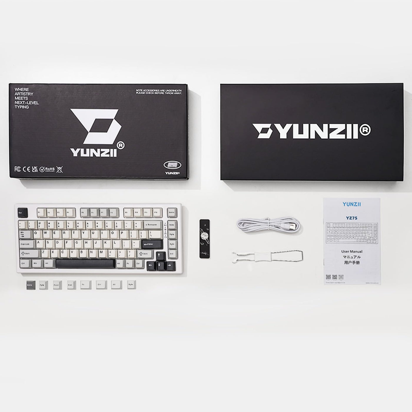 YUNZII YZ75 75% Hot Swappable Wireless Gaming Mechanische Tastatur, RGB-Hintergrundbeleuchtung, BT5.0/2.4G/USB-C, Double Shot PBT Tastenkappen für Linux/Win/Mac (Gateron G Pro Brown, weiß)