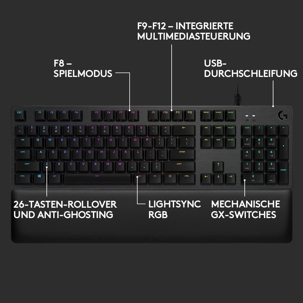 Logitech G513 mechanische Gaming-Tastatur, GX Brown Taktile Switches, RGB-Beleuchtung, USB-Durchschleife, Handballenauflage mit Memory Foam, Aluminium-Gehäuse, Deutsches QWERTZ-Layout - Carbon/Schwarz