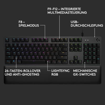 Logitech G513 mechanische Gaming-Tastatur, GX Brown Taktile Switches, RGB-Beleuchtung, USB-Durchschleife, Handballenauflage mit Memory Foam, Aluminium-Gehäuse, Deutsches QWERTZ-Layout - Carbon/Schwarz