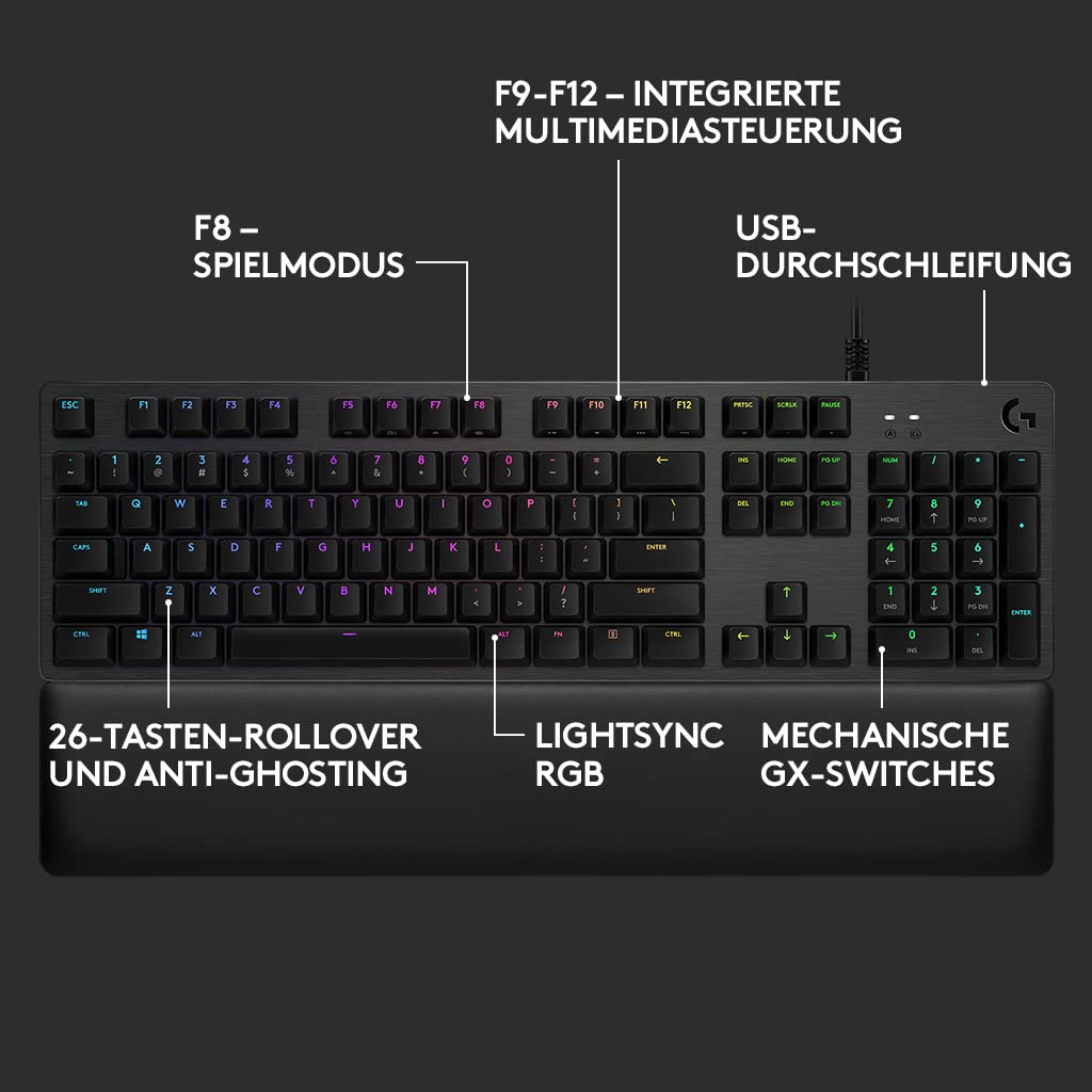 Logitech G513 mechanische Gaming-Tastatur, GX Brown Taktile Switches, RGB-Beleuchtung, USB-Durchschleife, Handballenauflage mit Memory Foam, Aluminium-Gehäuse, Deutsches QWERTZ-Layout - Carbon/Schwarz