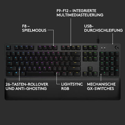 Logitech G513 mechanische Gaming-Tastatur, GX Brown Taktile Switches, RGB-Beleuchtung, USB-Durchschleife, Handballenauflage mit Memory Foam, Aluminium-Gehäuse, Deutsches QWERTZ-Layout - Carbon/Schwarz