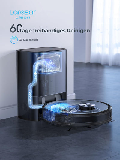 Laresar Clean Saugroboter mit Wischfunktion, Saugroboter mit Absaugstation L6 Nex, LiDAR Navigation, 3L Staubsauger bis zu 180Min, 3-in-1 Kehren, Wischen und Staubsaugen, Ideal für Tierhaare