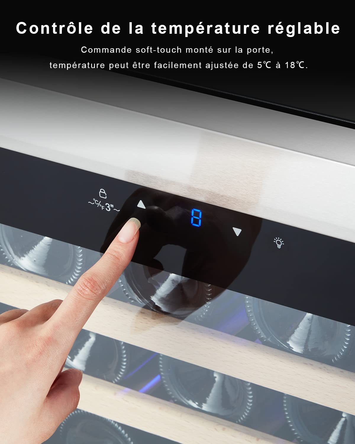 Kalamera Weinkühlschrank, 28 Flaschen 86 Liter, Touch-Bedienfeld, Edelstahl Glastür, 5-18°C Kühlzone, Abnehmbar Holzauflagen, KRC-86FCSS-W