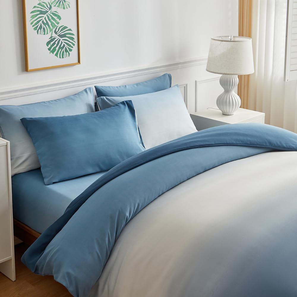 OLDBIAO Bettwäsche 200x220 cm 3er Set (1 Bettbezug 200x220cm + 2 Kissenbezüge 80x80cm), Weiß - Blau Farbverluaf Design, Weich Pflegeleicht Bettdecke Cover aus Mikrofaser Ästhetisch Bettwaren