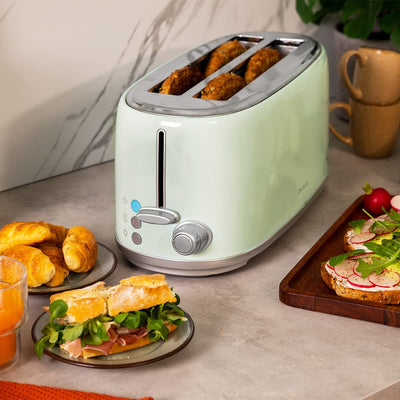 Cecotec Toaster 4 Scheiben Toast&Taste 1600 Retro Double Green, 1630 W, 2 Breite und Lange Schlitze von 3,8 cm, Edelstahl, Obere Roste, Regulierbare Leistung, Krümelschublade