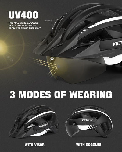 VICTGOAL Fahrradhelm MTB Mountainbike Helm mit magnetischem Visier Abnehmbarer Sonnenschutzkappe und LED Rücklicht Radhelm Rennradhelm für Erwachsenen Herren Damen (L: 57-61cm, Black White)