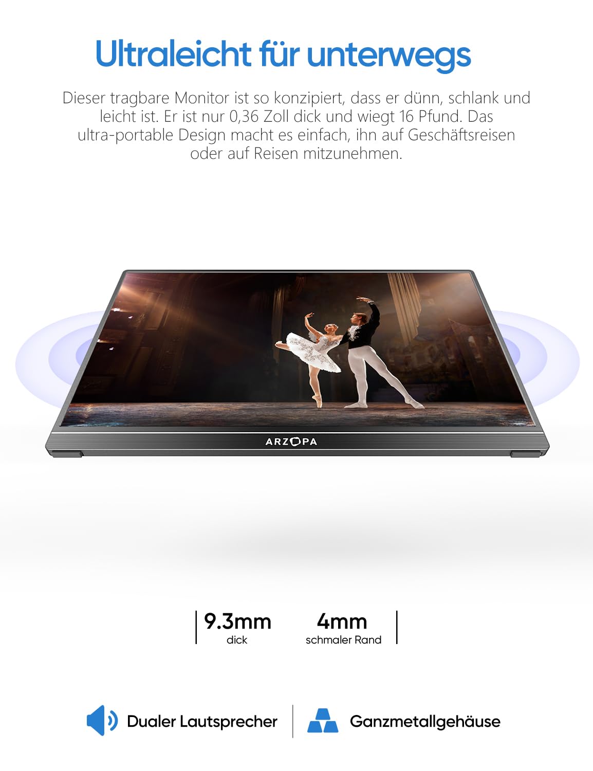 ARZOPA 16.0" 2.5k Portable Monitor, 2560x1600 HDR Display, 500nits 8bit QHD, USB-C HDMI Tragbarer Monitor für Laptop, 16:10 IPS, Unipolar Support für Mac PC PS4/5 Xbox Switch