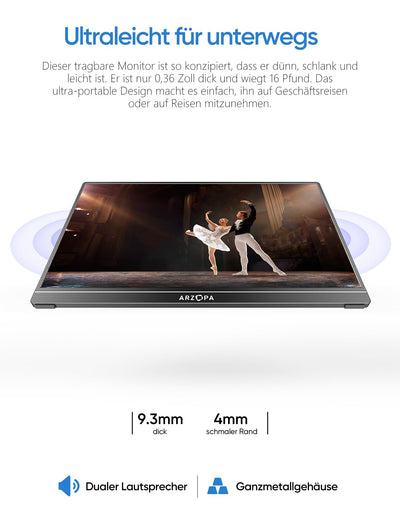 ARZOPA 16.0" 2.5k Portable Monitor, 2560x1600 HDR Display, 500nits 8bit QHD, USB-C HDMI Tragbarer Monitor für Laptop, 16:10 IPS, Unipolar Support für Mac PC PS4/5 Xbox Switch