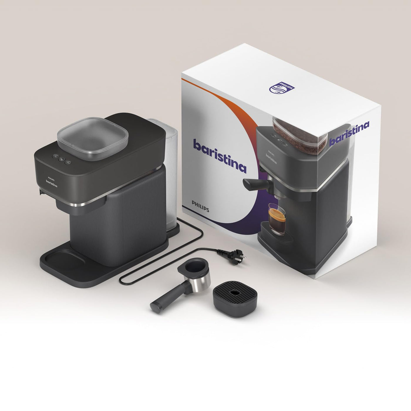 Philips Baristina Espressomaschine - Real Espresso, made simple. Kompakte Kaffeemaschine, Naturweiß mit Eschenholz-Siebträger, 16-bar-Pumpendruck, automatisches Mahlwerk, Cafe Crema (BAR302/20)